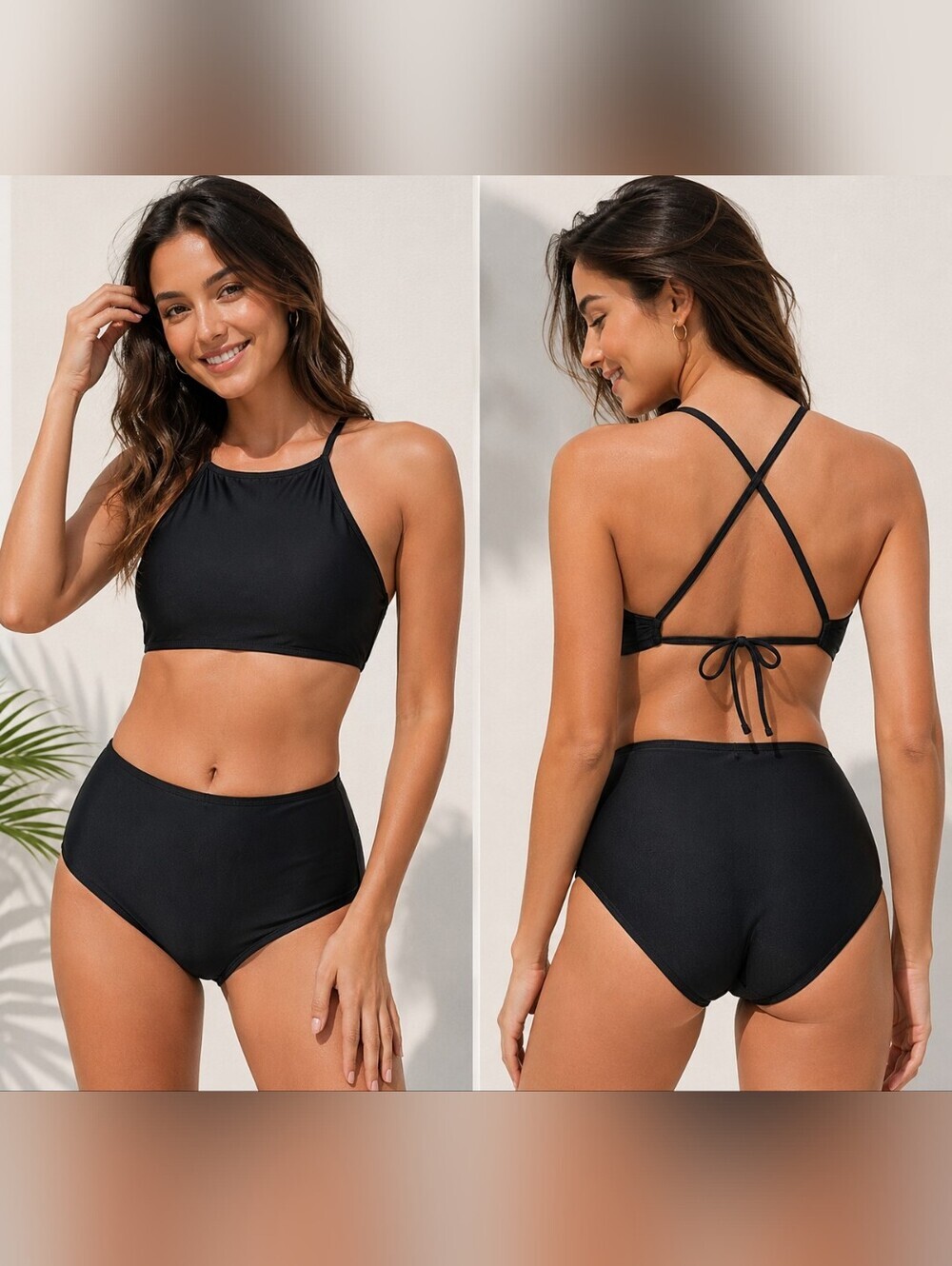 Aerie Women's Black Two Piece Bikini Set High Neck Top M High Waist Bottom S/P